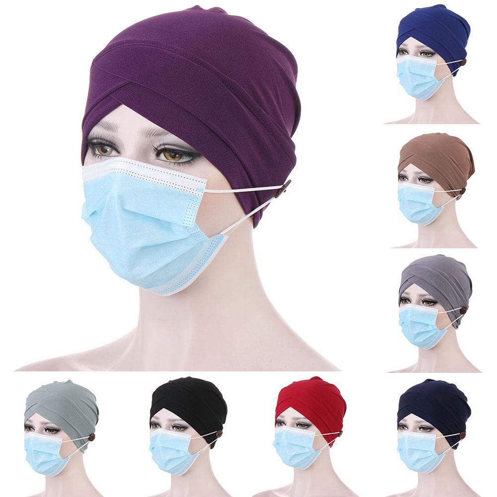 Hijab Cap Women Solid Color Front Cross Button Beanie Muslim Bonnet Turban Hat Hijab Cap Women Head Scarf Under Hijab Bonnet