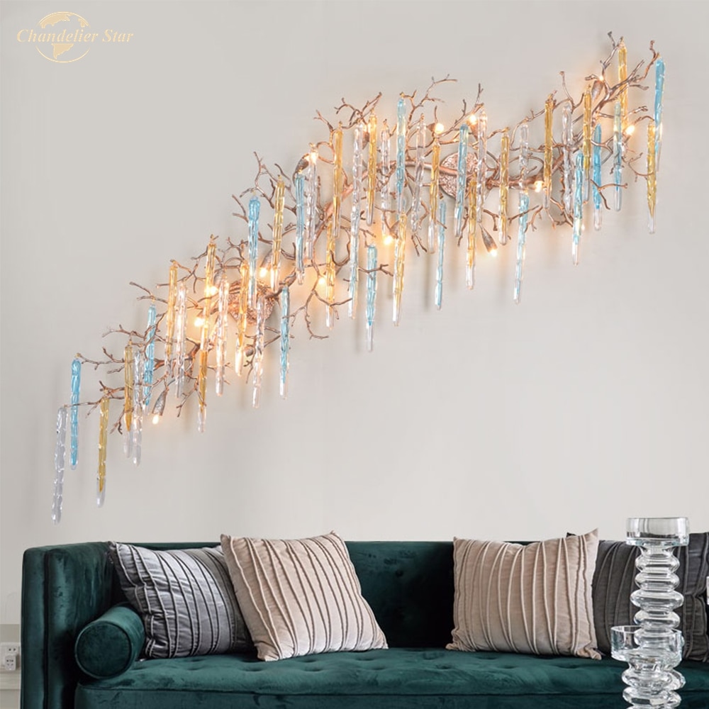 Luxury LED Wall Lamp Modern Copper Colorful Glass Water Drop Tree Branch Lamp Home Decoration for Living Room Bedroom Villa