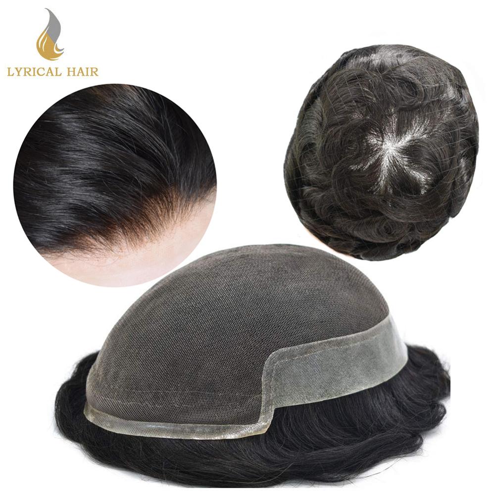 French Lace Front Mens Hairpiece Bleached Knots Toupee Human Black Hair Replacement Poly Skin Pu Hair System Wig for Men