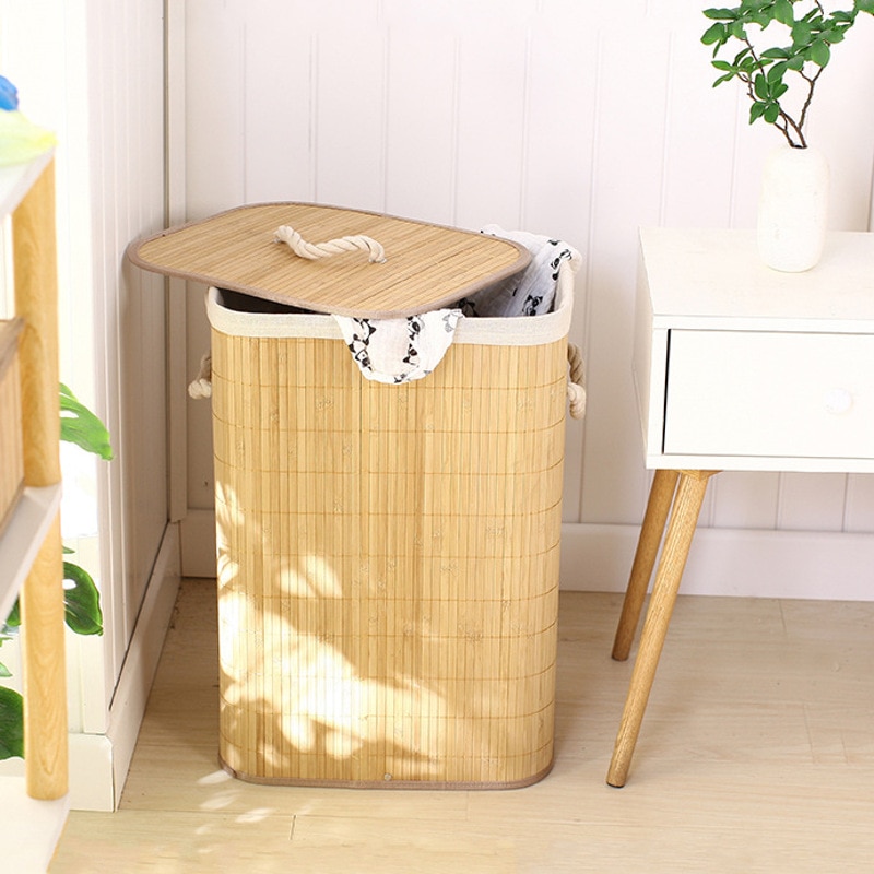 Storage Folding Laundry Basket Organizer Hand-Woven Large Capacity Bamboo Baskets Cover Household Clothes Toys Storage Bucket