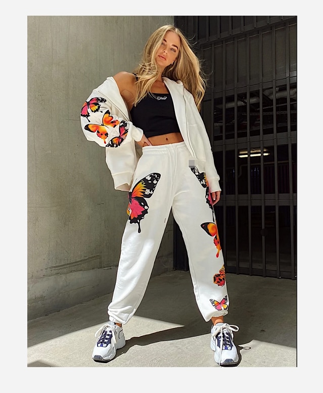 2 Pieces Sport Suit Set for Women Butterfly Printed Female Clothes Zipper Up Hoodies Coats Pants White Black Street Wear