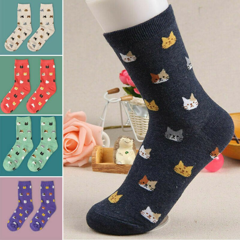 Fashion Warm Women Lovely Cute Cat Print Socks Animal Cartoon Cotton Socks 5 Colors 1 Pair Outfit Spring Fall Socks