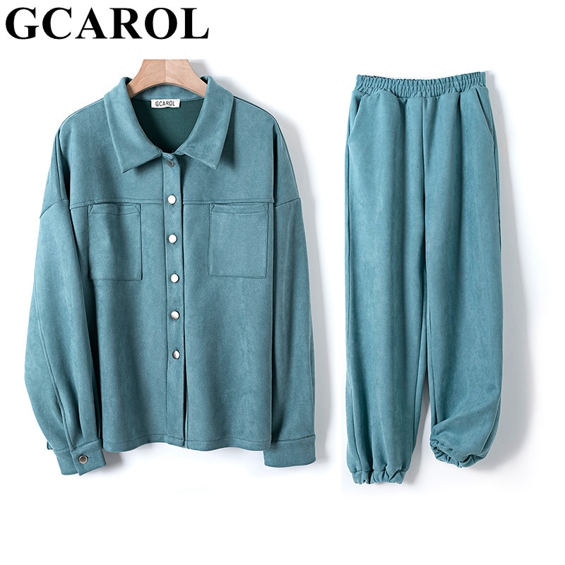 GCAROL Women'tracksuits Velvet Jacket And Pants Drop Shoulder Oversized Jacket Single-Breasted Elastic Waist Overalls Cargo M,L