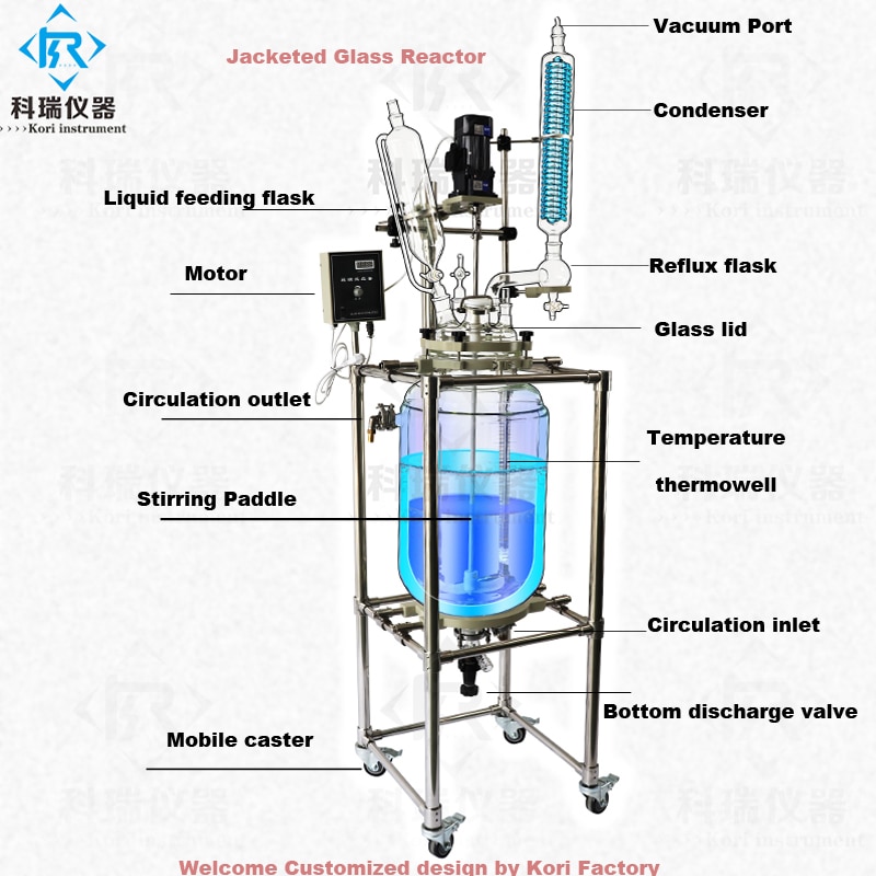 Laboratory chemical glass jacketed reactor 50liters with ptfe stirrer /lab scale pilot plant jacketed reactor heating cooling