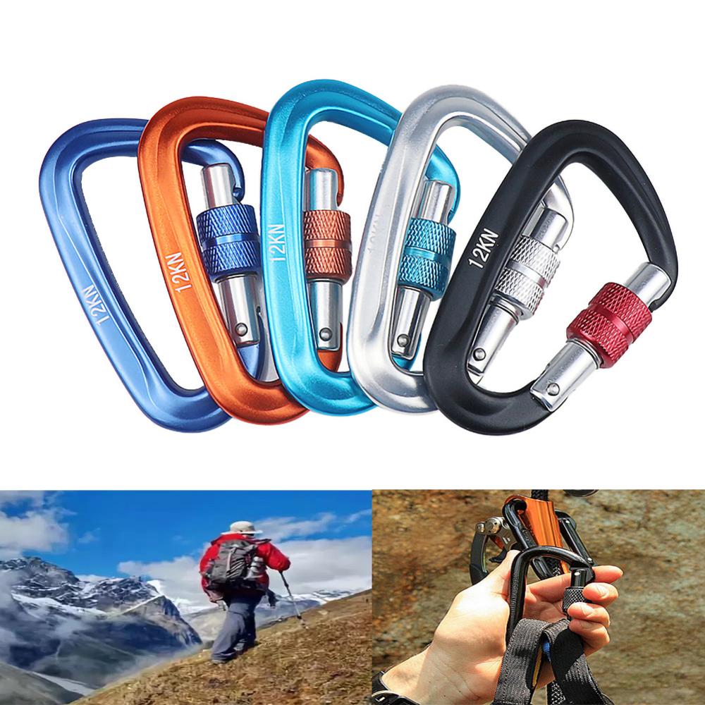 12KN mountaineering climbing carabiner D-shaped screw lock mountaineering fixed hook key chain camping outdoor safety buckle