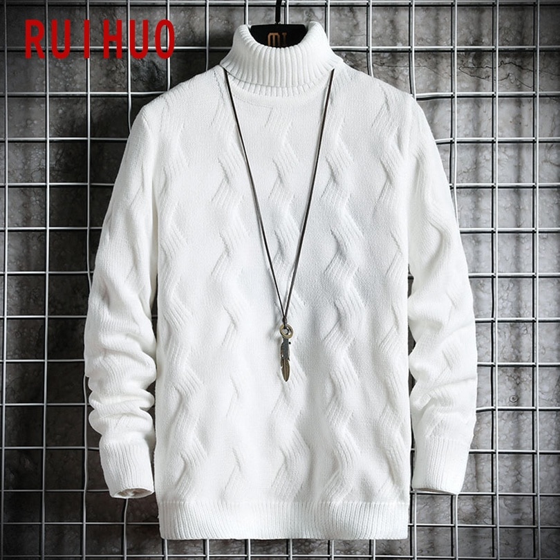 RUIHUO 2021 White Pullover Turtleneck Men Clothing Turtle Neck Coats High Collar Knitted Sweater Korean Man Clothes M-2XL