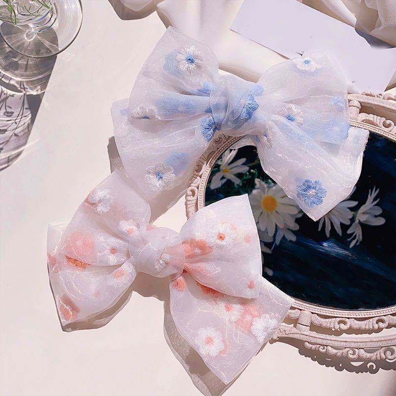 Pink Blue Embroidery Flower Lace Spring Clips Hairpins Women Double Bowknot Organza Scrunchie Ponytail Barrette Hair Accessories