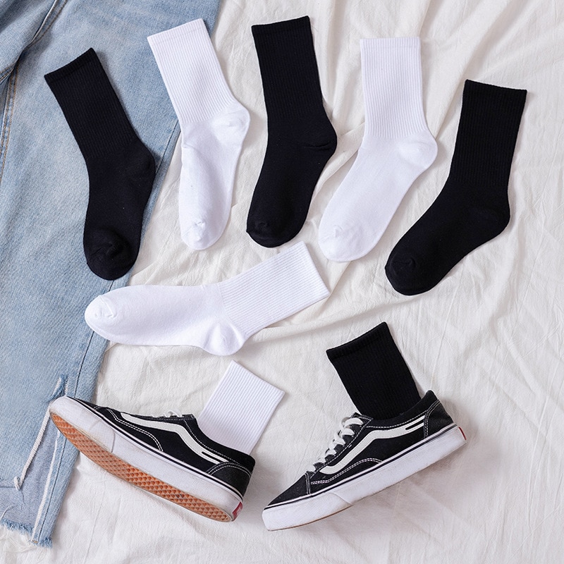 Socks Women White Black Crew Socks Female Pure Solid Color Socks Pack Set Short Women's Cotton Sock 1 Lot Sox 5 Pairs Woman Soks