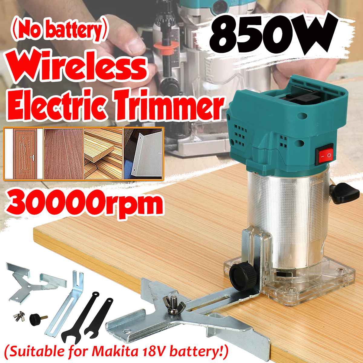 Cordless Electric Trimmer Wood hand trimmer Engraving Slotting Trimming Carving Machine Router Wood 850W for Makita 18V battery