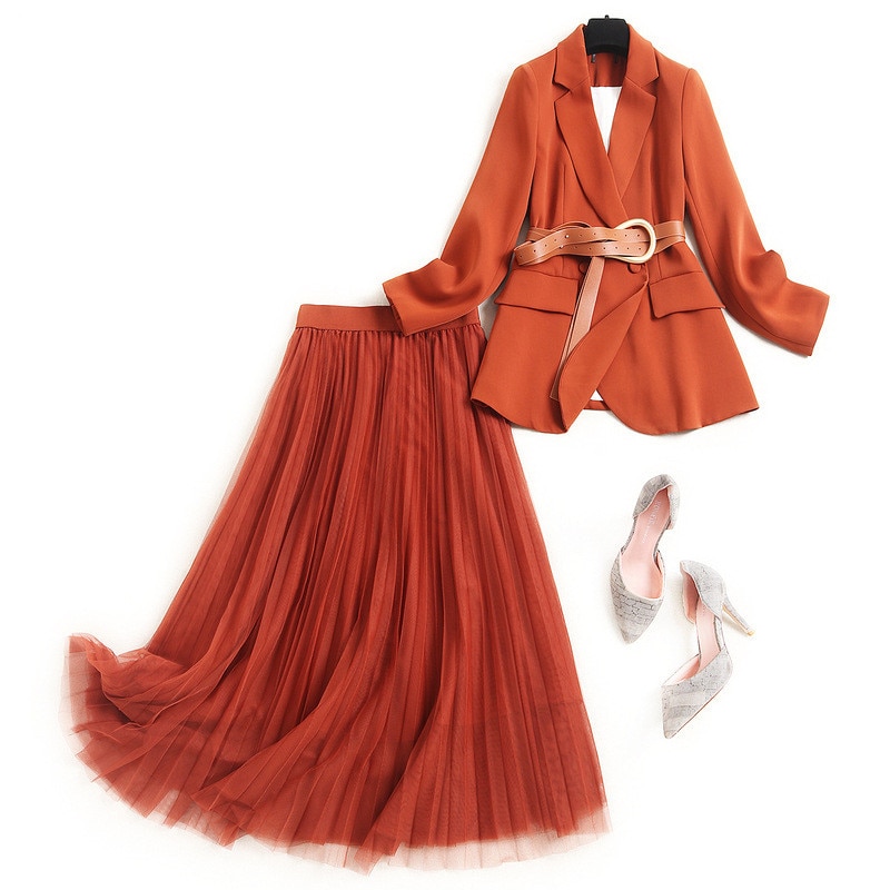 2020 New Autumn Suit Office Lady Two Piece Outfit 2020 Fashion Designer Women Clothing Set Belted Blazer and Skirt Matching Sets