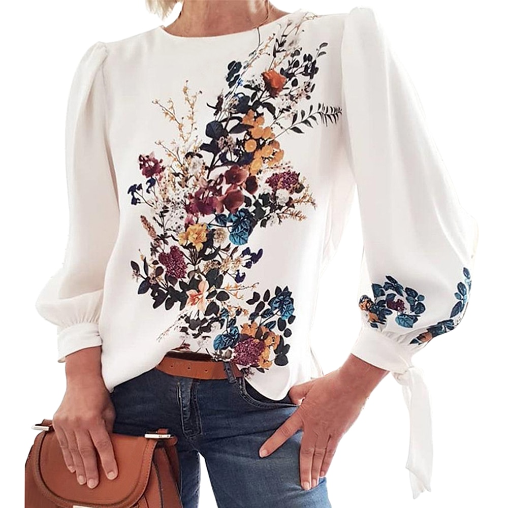 2021 Print Blouse Women Long Sleeve Blusa Spring New Chic Casual White Tops Office Lady Femme Vintage Blusa Mujer