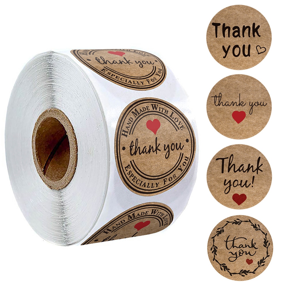 500pcs kraft paper thank you stickers with red heart handmade labels sticker for business envelope sealing stationery sticker