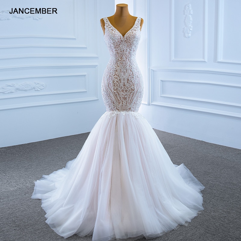 J67191 New Sexy Jancember Mermaid Wedding Dress 2020 V Neck Applique Tank With Sleeveless Lace Up Back