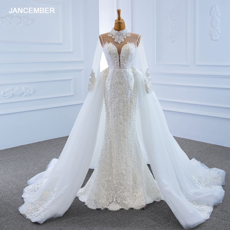 J67180 New Jancember Mermaid Wedding Dress 2020 High Neck Applique Pearl Long Sleeve Removable Train Bridal Dress Hochzeitskleid