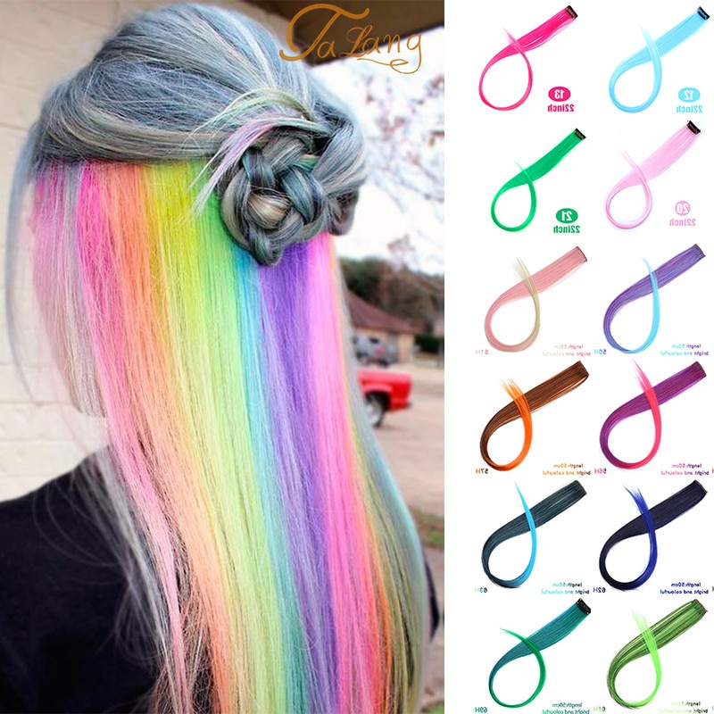 TALANG Long Straight Colored Hair Strands Hair Extension Clip One Piece Synthetic False Pink Highlight Rainbow Hair Pieces