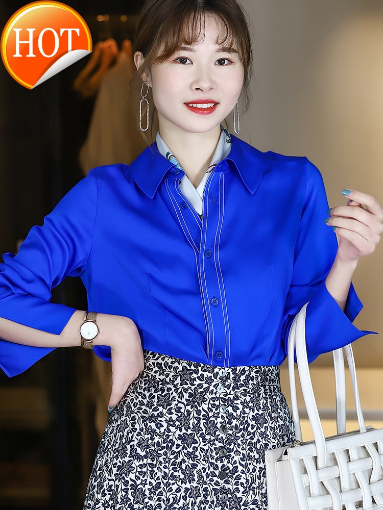 home Modern 23 M m double silk blue shirt women's summer design sense niche silk shirt