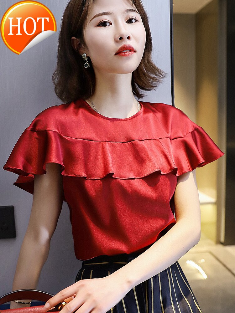 shirt silk red ruffled aged style round neck silk short sleeve shirt