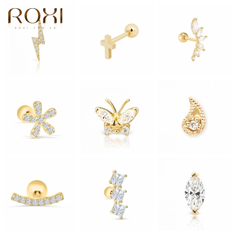 ROXI Flower Lightning Butterfly Cross Symbol Crown Eye Stud Earrings for Women Piercing Earrings Silver 925 Jewelry Pendientes