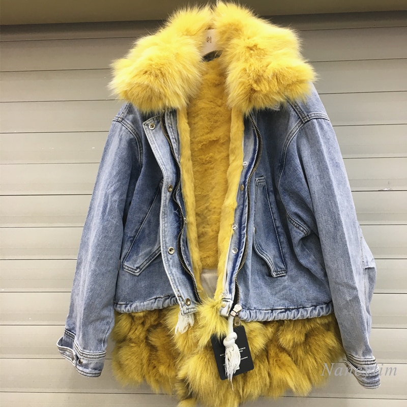 Big Real Natural Fox Fur Collar Jeans Overoat Women's 2020 New Removable Thickened Rex Rabbit Fur Liner Denim Coat Winter Cloth