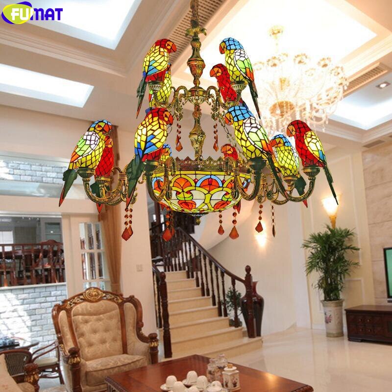 FUMAT Tiffany Multi Heads Double Layer 8+4 Chandeliers Lamps Stained Glass Colorful American European Mediterranean Nordic Style