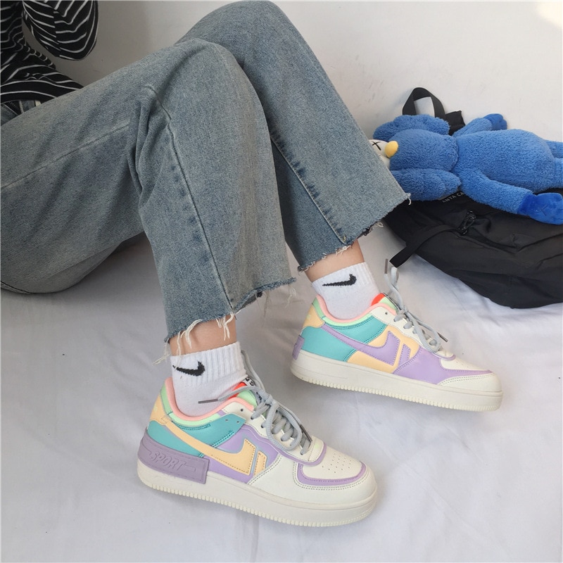 2020 New Women Shoes Korean Women's Sneakers Pink Thick-soled White Shoes Flat Shoes Autumn Lace-up Female Vulcanized Shoes