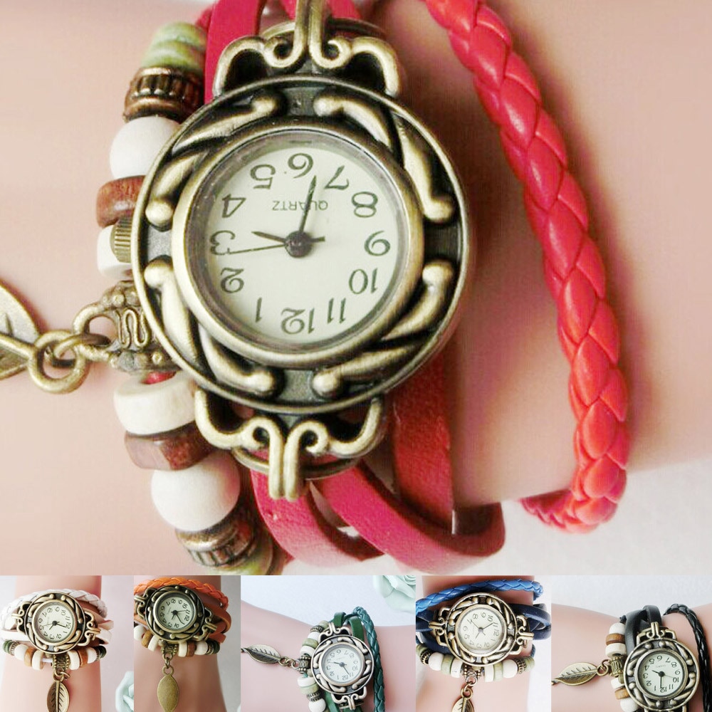 Male Female Watch Children Quartz Men Women's Watches Retro Leather Winding Fashion Bracelet Leaf Pendant Ladies Girls Clock