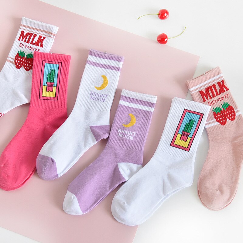 College Style Student Socks Girls Patchwork Ins Socks Mid Tube Cotton Cartoon Sock Women Casual Winter Warm Socks Breathable