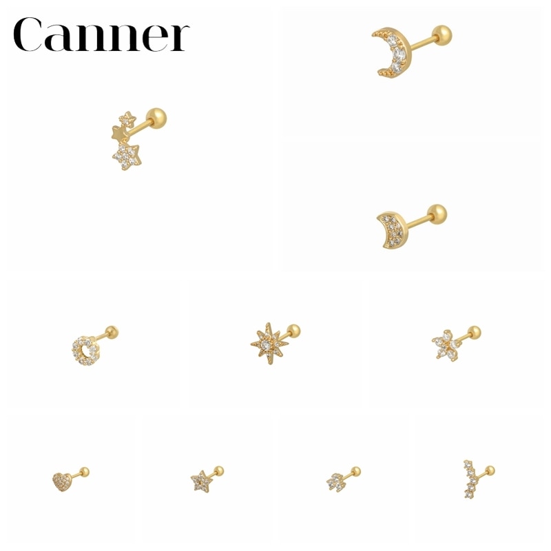 Canner 1pcs 925 Sterling Silver Stud Earrings Helix Heart Star Moon Piercing Earrings For Women Fine Jewelry Cartilage Aretes W5