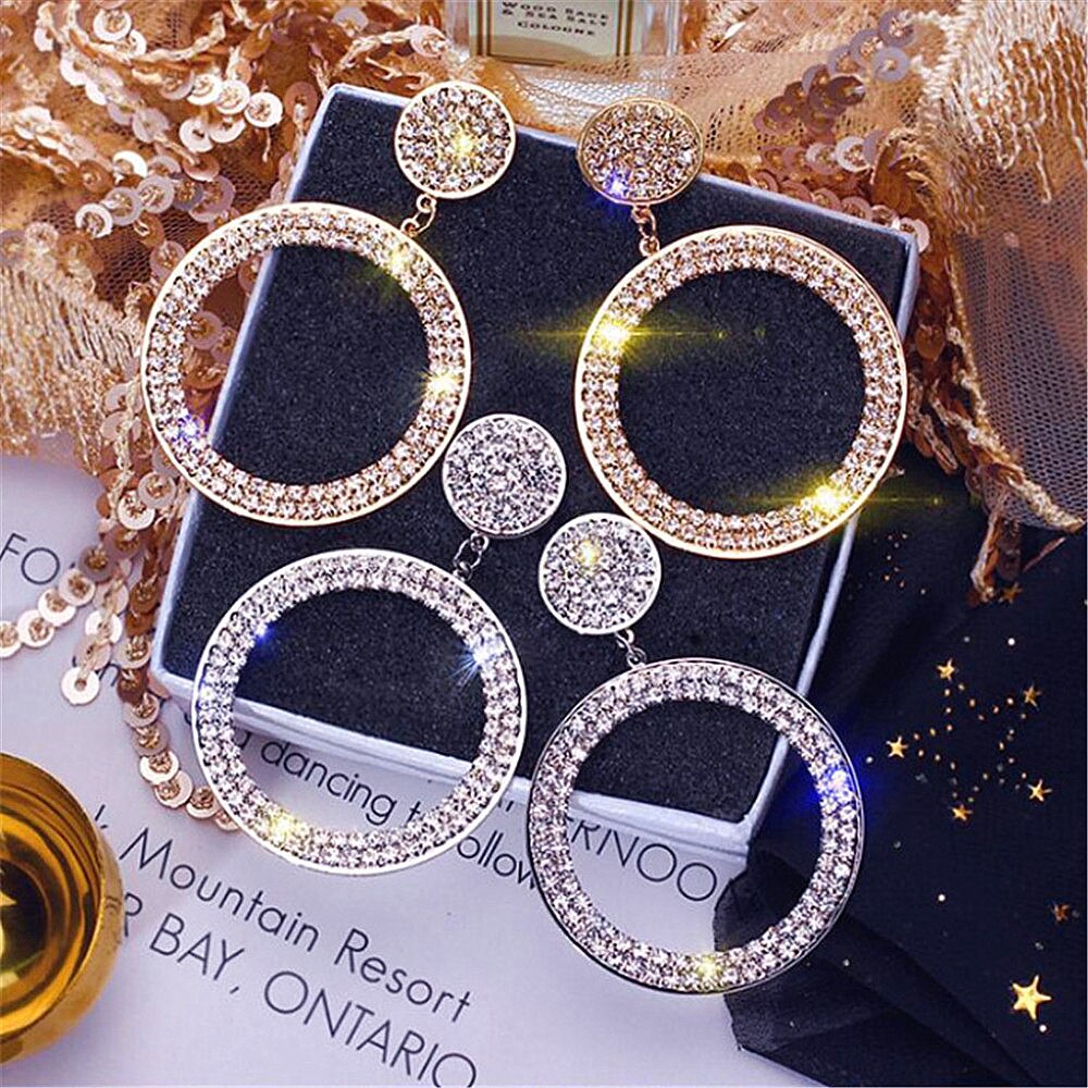 1Pcs Fashion Shining Circle Drop Earrings Precision Inlay Rhinestone Earrings For Women Wedding Party Jewelry Accessories