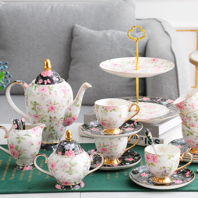 European 15pcs Porcelain Ceramic Vintage Tea Cup, Tea Kettle, Coffee Teapot and Tea Coffee Cup and Saucer Set