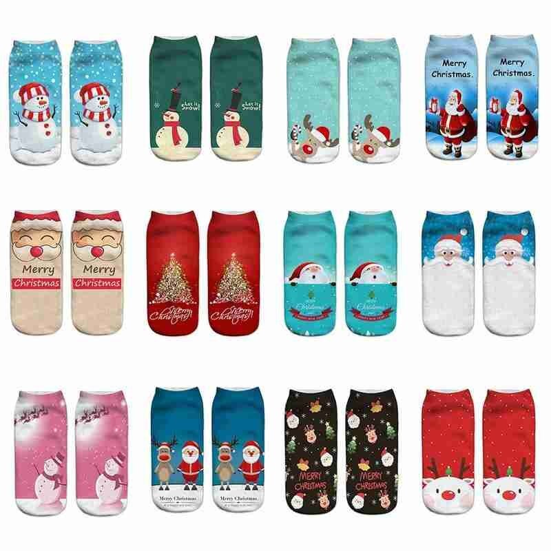 3D Print Christmas Women's Socks Cute Cartoon Santa Claus Christmas Tree Elk Female Short Socks Xmas New Year Girls Gifts