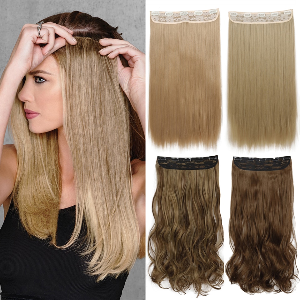 Azqueen 5 Clips in Hair Extension Synthetic Long Straight Hairpiece Haistyle high temperature fibert Golden brown black