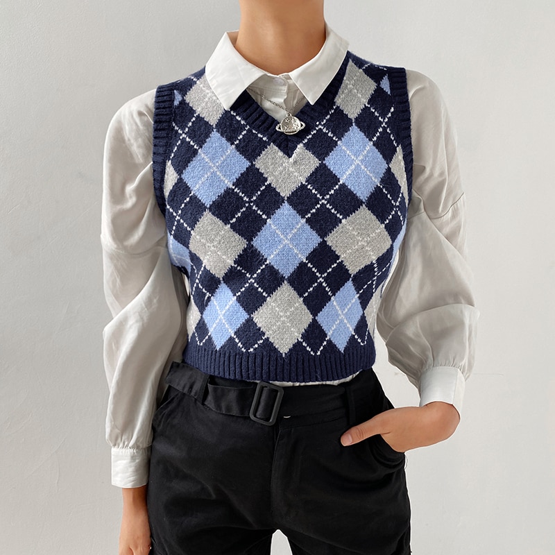 2020 Korean Style V-neck Vintage Geometric Argyle Short Waistcoat Pullovers Tops Sweater Vest Autumn Women Sexy Knitted Vest