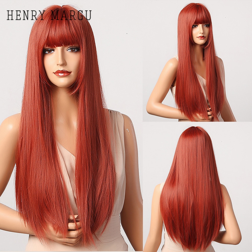 HENRY MARGU Orange Red Ombre Long Straight Wigs for Women Natural Synthetic Wigs With Bangs Cosplay Party Wigs Heat Resistant