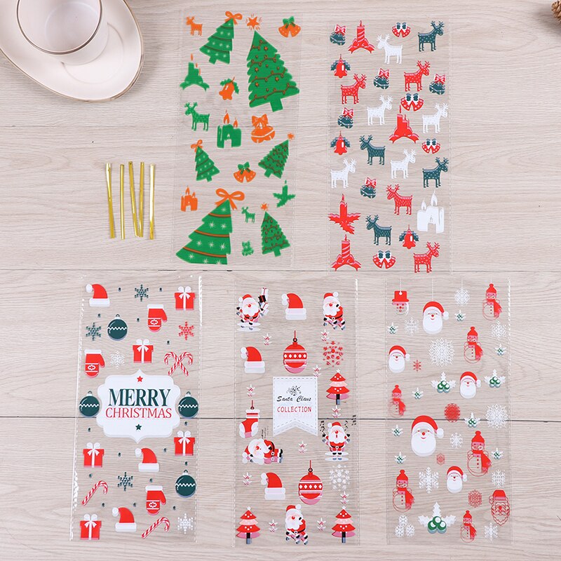 50PCs Christmas Baking Bags Christmas Candy Bag Cookies Candy Snack Biscuit Packing Plastic Bags Xmas Cellophane Party Gift Bags