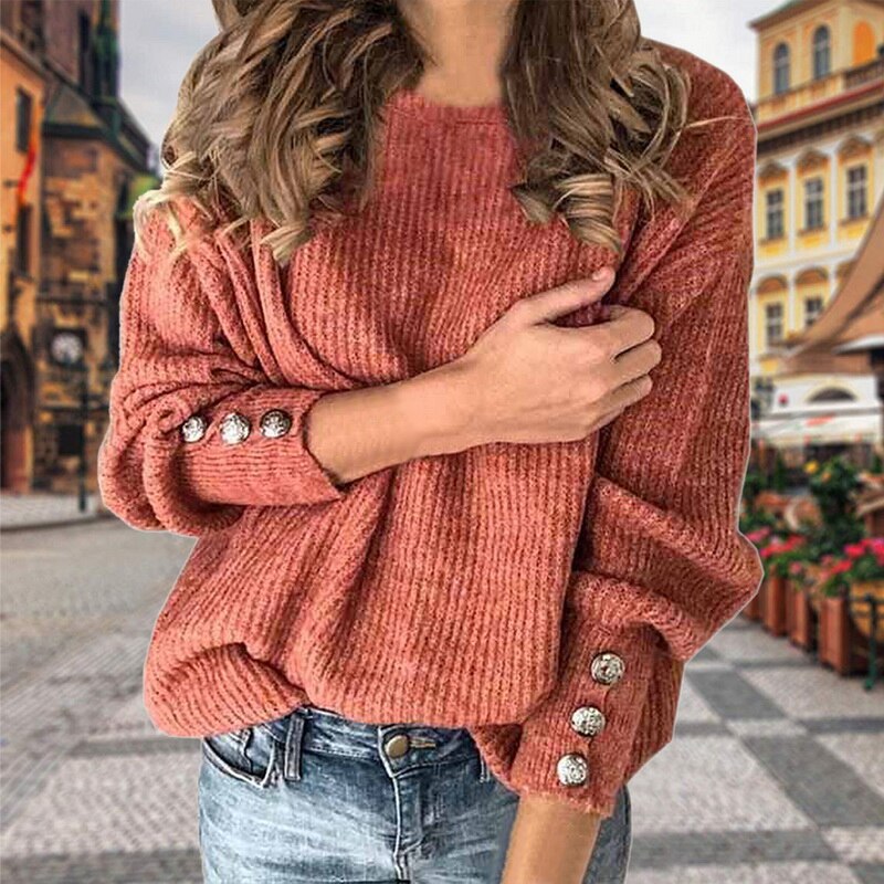 Women Autumn Winter Knitted Sweaters O-neck 2021 Long Sleeve Button Decoration Sweater Tops Ladies Casual Jumper Plus Size S-5XL