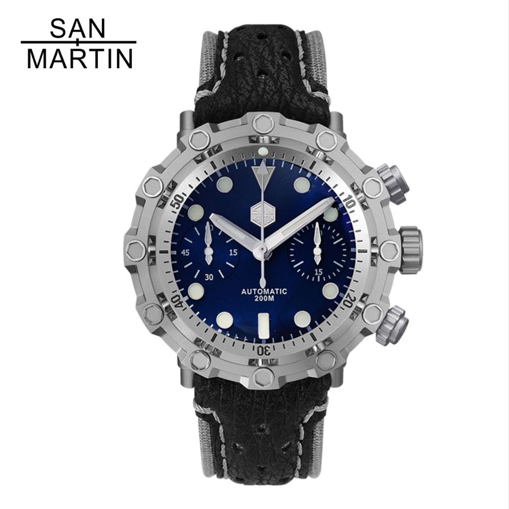 San Martin Limited Titanium Automatic Men Watches Chronograph ETA7753 Mov't Sapphire Crystal Shark Leather strap Male Wristwatch