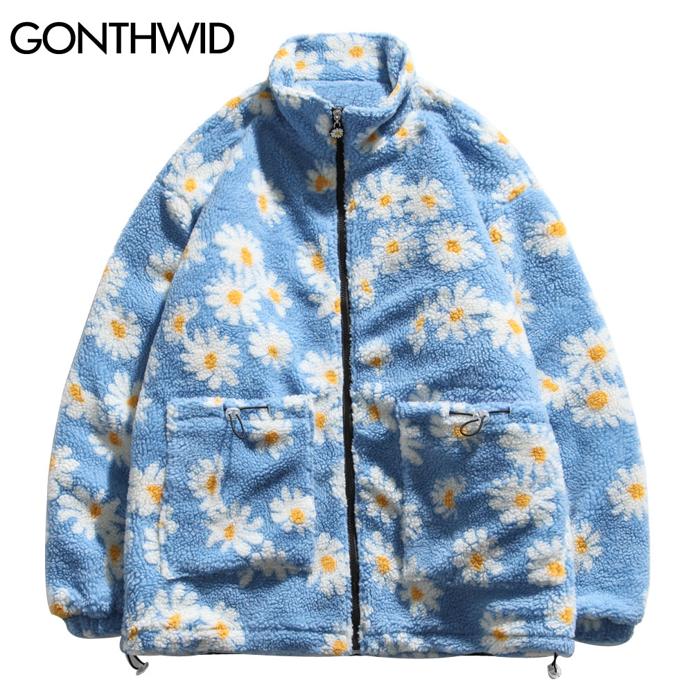 GONTHWID Cotton Padded Thick Parkas Jackets Streetwear Hip Hop Daisy Print Fleece Warm Full Zip Coats Fashion Harajuku Outwear