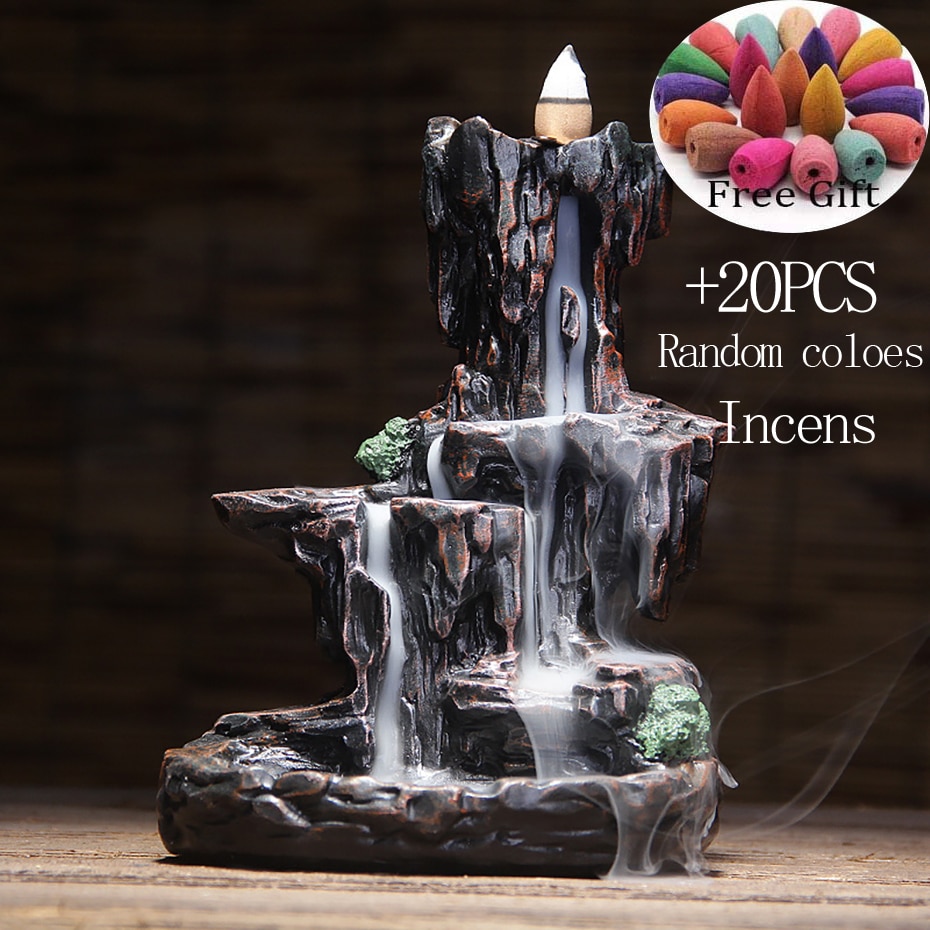 Mountains River Waterfall Incense Burner Fountain Backflow Aroma Smoke Censer Holder Office Home Unique Crafts+50 Incense Cones