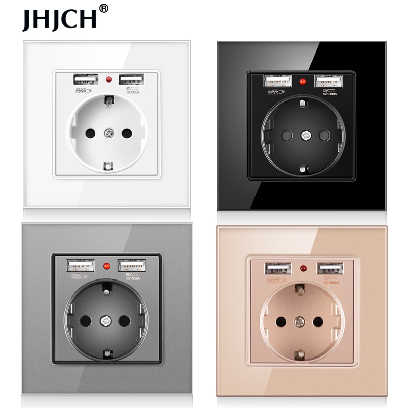 JHJCH EU power socket, plug with 2.1a 16A USB charging port, glass panel, Russian Spanish power socket