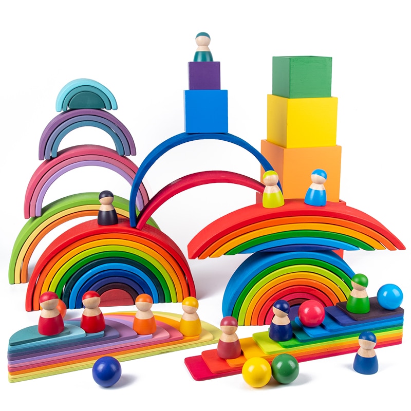 Large Wooden Rainbow Stacker Natural Wooden Rainbow Blocks Wooden Stacking Toys Montessori Educational Toy for Kids Baby Toys