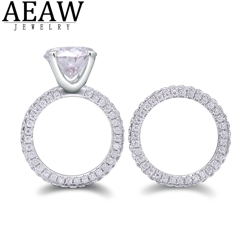 AEAW 10K White Gold 6.6CTW Center 10mm Moissanite DF Color Halo Engagement Ring for Women Soliatre with Accents Eternity Wedding