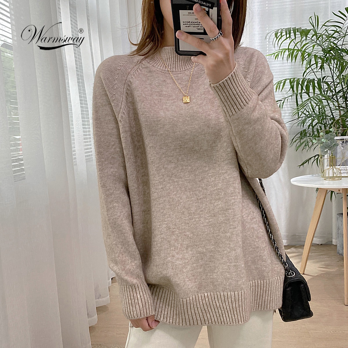 Women Mock Neck Pullovers Sweater High Quality Oversized Jumper Split Fall Winter Clothes Beige Purple Green 8 Colors C-232