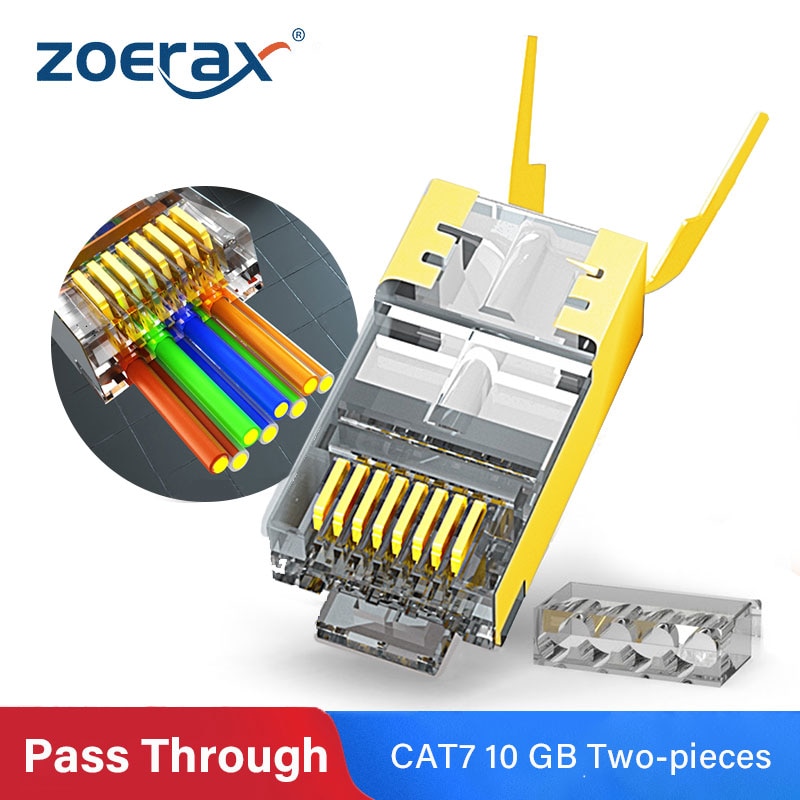 ZoeRax RJ45 Cat7 & Cat6A Pass Through connectors 8P8C 50UM Gold Plated Shielded FTP/STP | EZ RJ45 Network Modular Plug