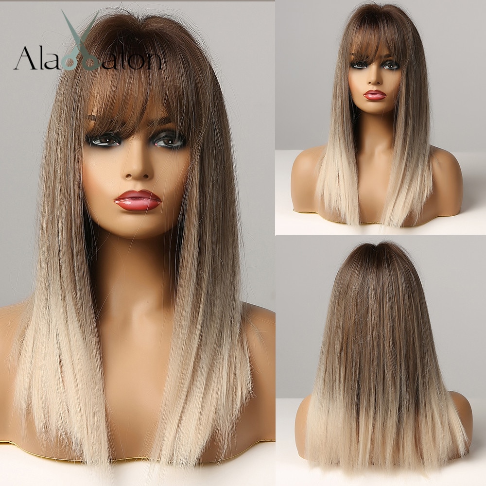 ALAN EATON Long Straight Hair Ombre Black Brown Gray Ash Lolita Bob Synthetic Wig with Bangs for Women Cosplay Heat Resistant