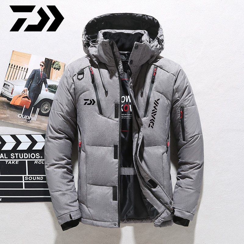 Daiwa White Duck Down DAIWA Fishing Jacket Warm Hooded Thick Puffer Jacket Coat Male High Quality Thermal Winter Fishing Clothes