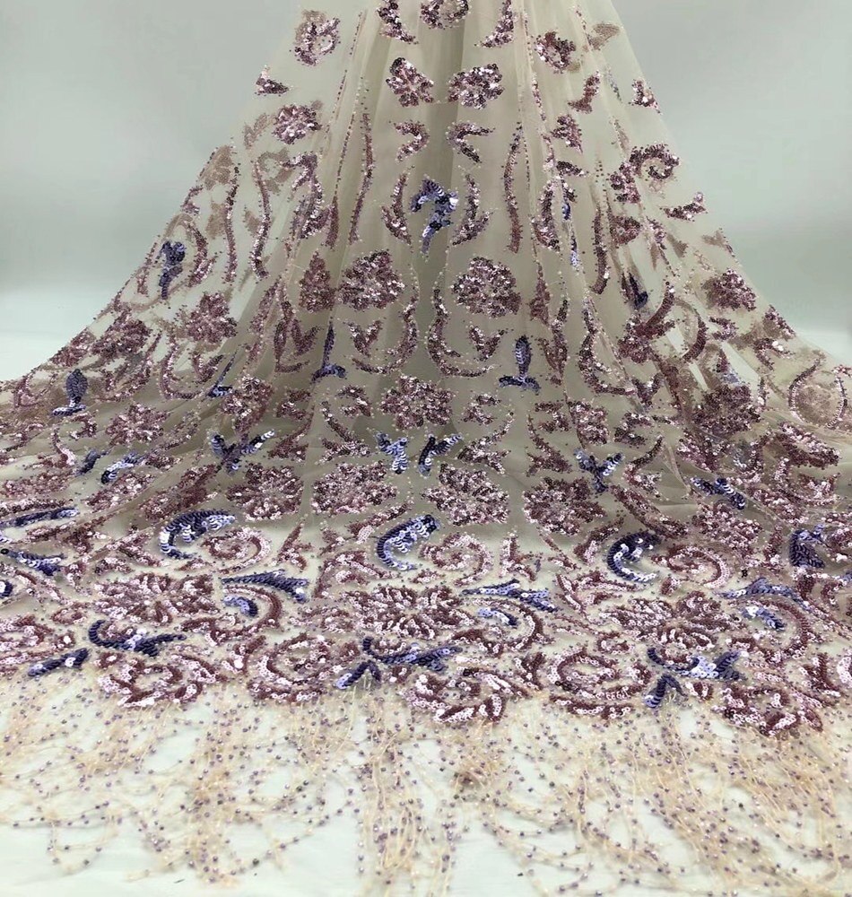 Luxury Handmade Beads Lace Fabric French Wedding Dress Latest Nigeria Sequins Embroidery White Good Price With Beads Lace TS9681