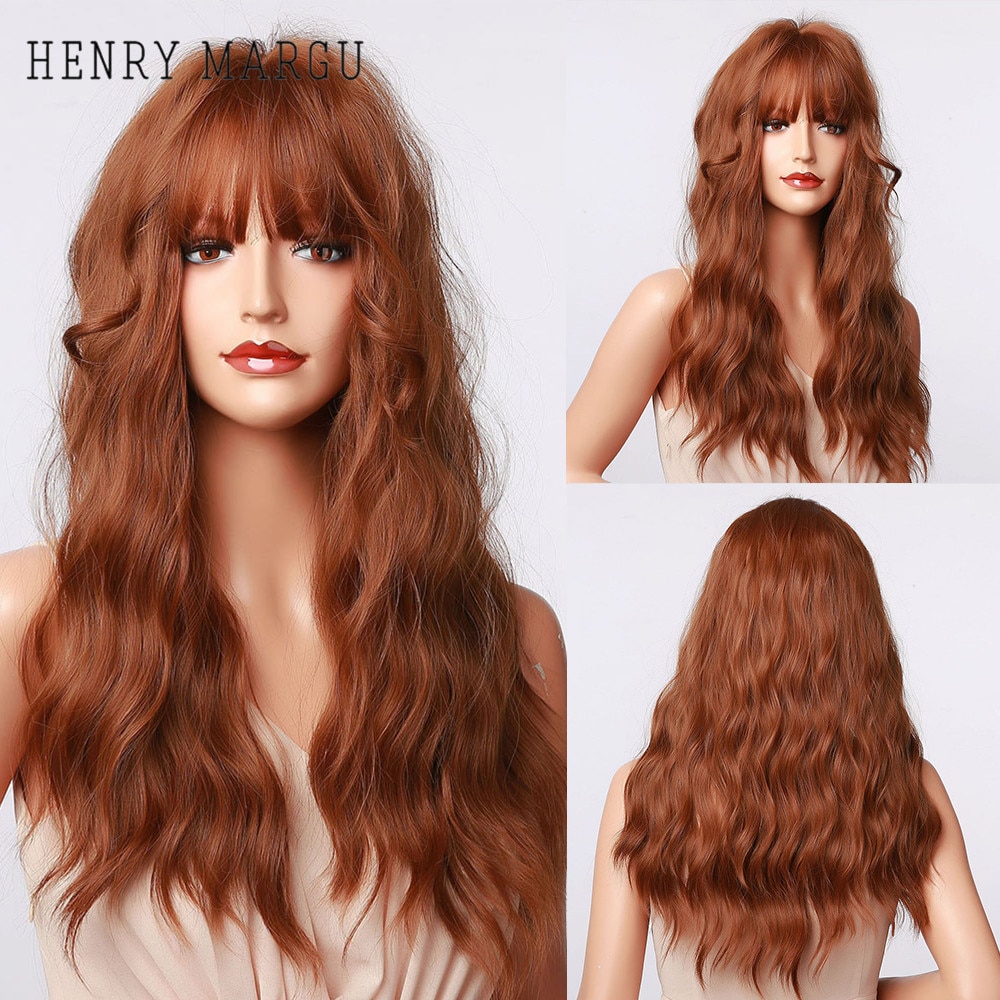 HENRY MARGU Long Wavy Brown Red Orange Wigs with Bangs Cosplay Party Heat Resistant Synthetic Hair Wigs for Black Women Afro