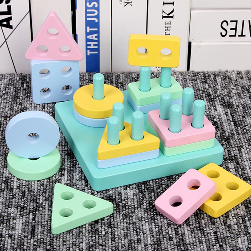 Wooden Montessori Toy Building Blocks Early Learning Educational Toys Color Shape Match Kids Puzzle Toys For Children Boys Girls