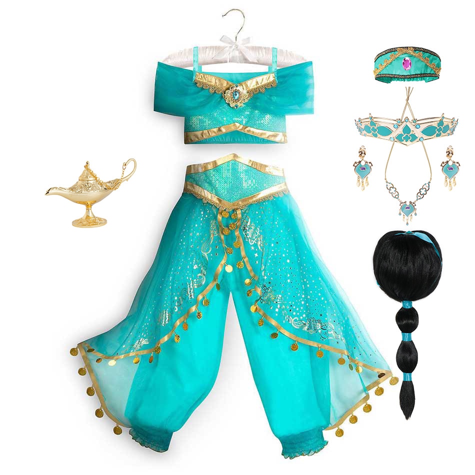 Disney Jasmine Princess Dress Aladdin Magic Lamp Girls Birthday Party Cosplay Costume Top+Pants+Headband Carnival Clothing